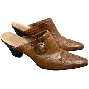 90s Y2K cognac brown leather studded square toe slip on heeled mules EU 39
